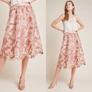 Maeve Anthropologie Pink Embroidered Organza Midi Skirt Scalloped Hem Medium NWT